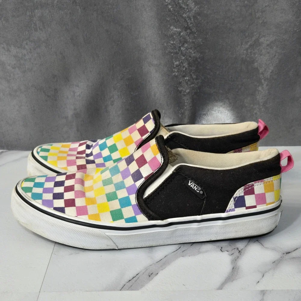 Vans Classic Slip-On Shoes Girls 5 Rainbow Checkerboard Canvas Skate Sneaker